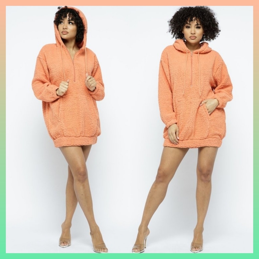 TeddyBear Oversized Sweater Dress Jacket Hooded Peach size Large New